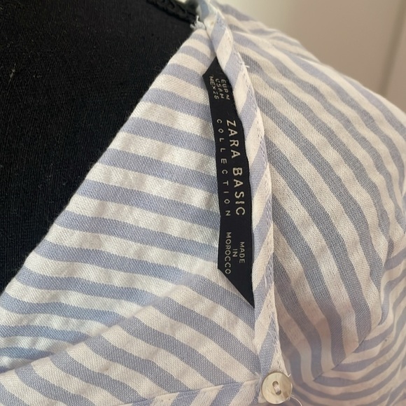 Zara Striped Blue and White Tie Front 3/4 Sleeve Blouse 💯 Cotton Size M - Picture 6 of 13
